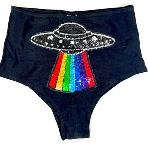 Sequin spaceship festival bottoms, rainbow alien abduction